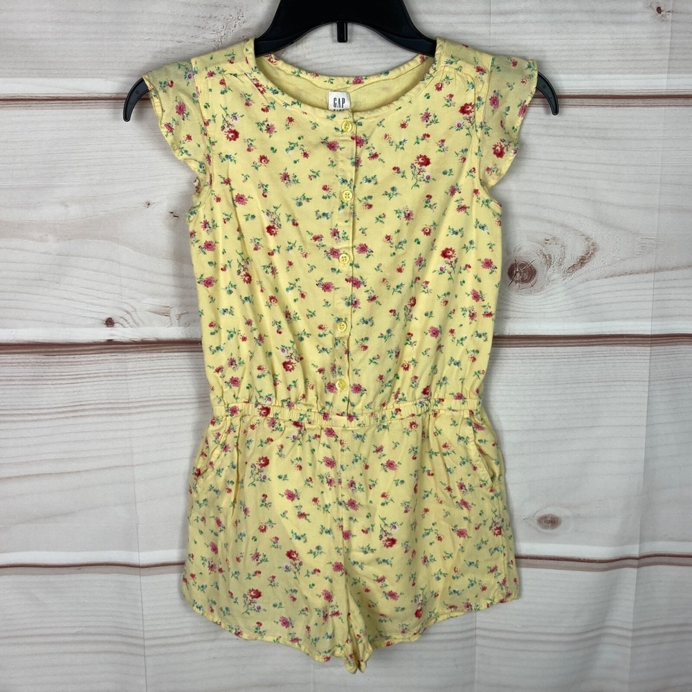 Gap Romper Girls M Yellow Floral Flutter Sleeve Button Up Pockets Elastic Waist